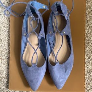 Blue ballerina ankle tie up flats